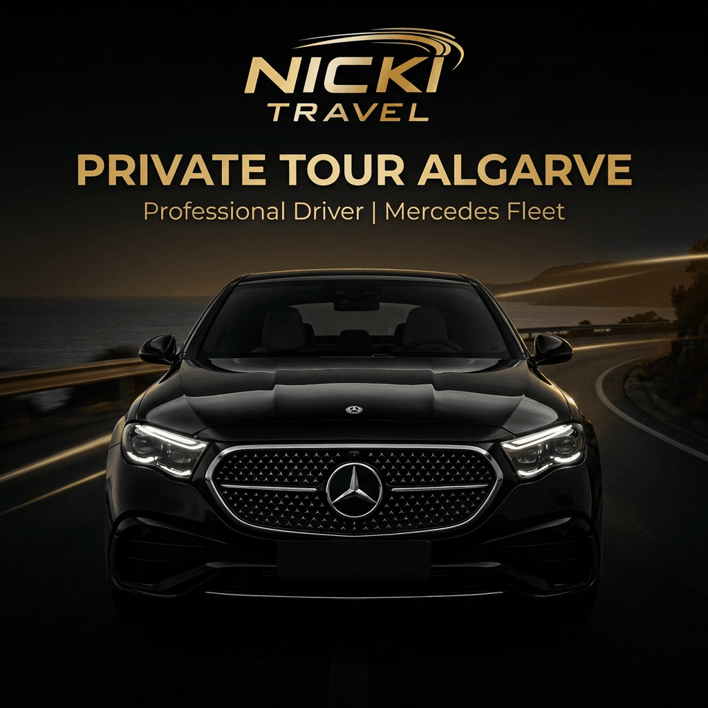 Front view of a black Mercedes SUV on a winding coastal road at sunset, with 'Private Tour Algarve' and Nicki Travel branding above it.