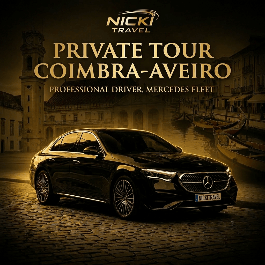 Advertisement for Nicki Travel: private tour Coimbra‑Aveiro featuring a black Mercedes luxury sedan on a cobblestone street.