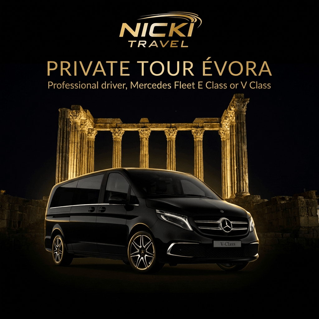 Nighttime promotional image for Nicki Travel Private Tour Évora featuring a black Mercedes V-Class in front of illuminated ancient ruins.