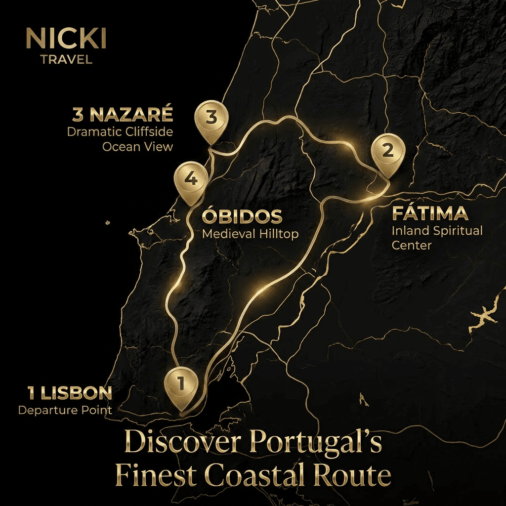 Gold-on-black travel poster map showing a coastal route from Lisbon to Óbidos and Fatima with four numbered markers, titled Discover Portugal's Finest Coastal Route.