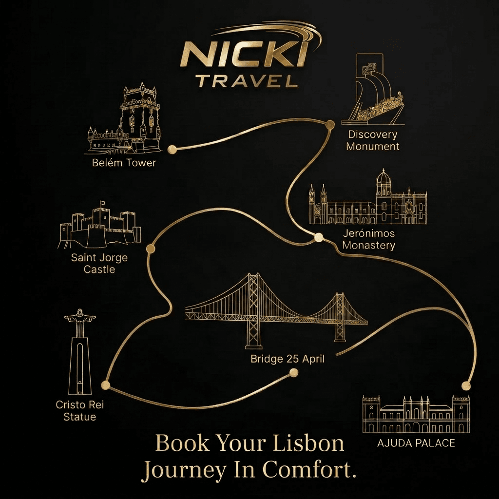 Nicki Travel map of Lisbon landmarks linking Belem Tower, Discovery Monument, Jerónimos Monastery, St. George’s Castle, Cristo Rei Statue, Bridge 25 de Abril and Ajuda Palace.