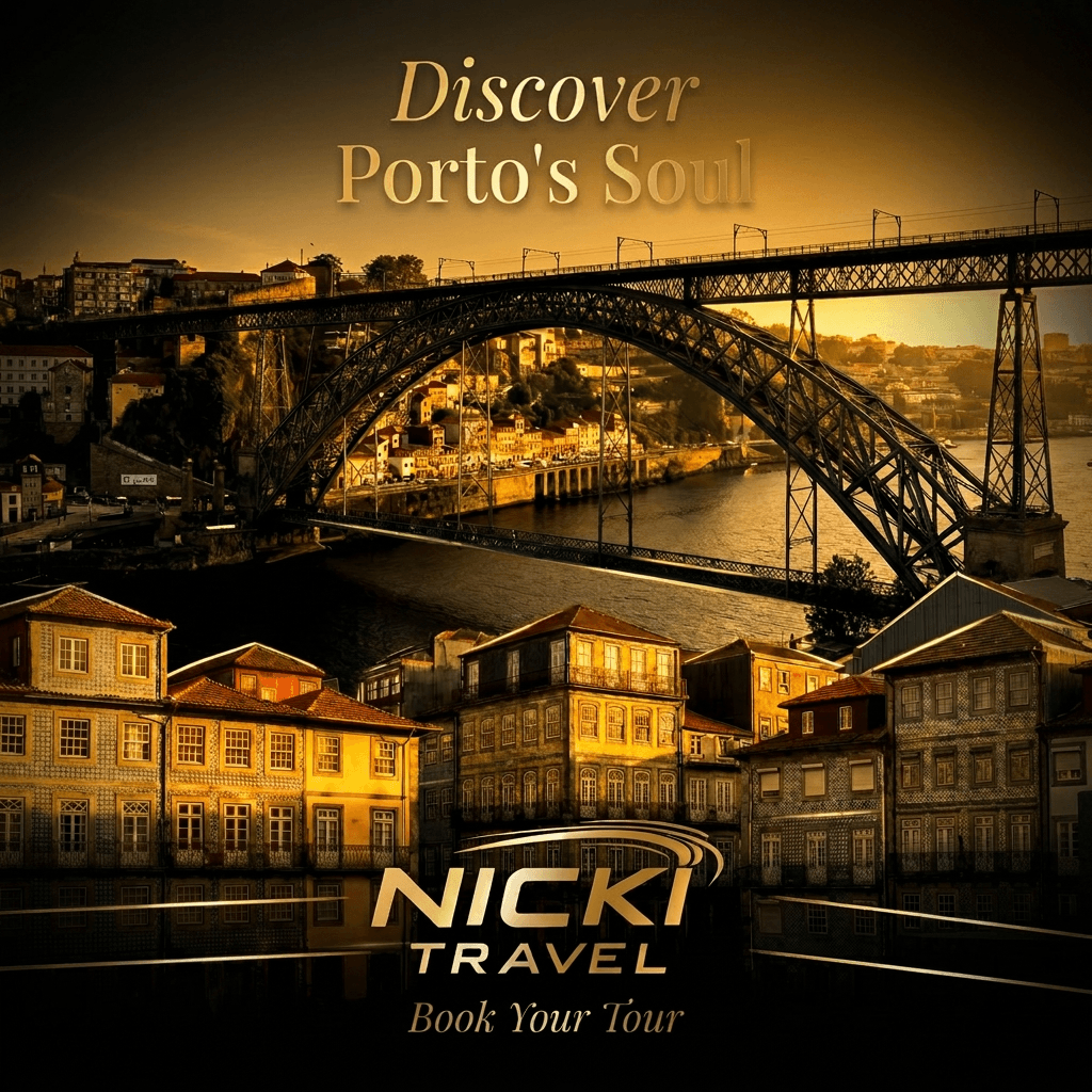 Promotional travel poster for Nicki Travel: Porto’s riverfront with the Dom Luís I Bridge at sunset and the slogan 'Discover Porto’s Soul' with 'Book Your Tour' text.
