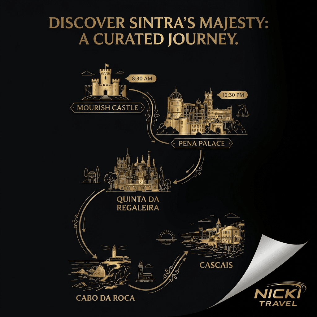 Gold-on-black illustrated map of Sintra landmarks—Mourish Castle, Pena Palace, Quinta da Regaleira, Cabo da Roca and Cascais, with 8:30 AM and 12:30 PM labels; Curated journey by Nick Travel.